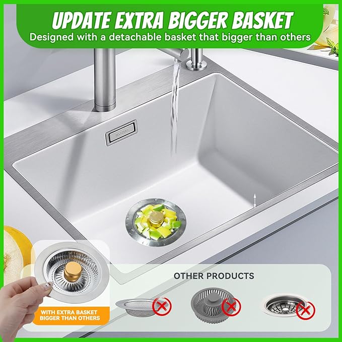 Kitchen Sink Drain Strainer, Pop-up Sink Stoppers, 3 in 1 Sink Drain Strainer, Upgraded Larger Sink Strainer Filter Basket, Cleaning Brush for US Sink Standard 3-1/2 Inch Drain Strainers
