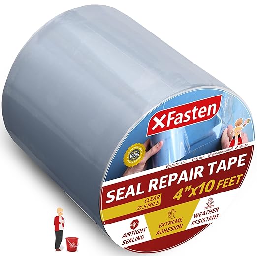 XFasten Waterproof Patch and Seal Tape Clear, 4” x 10-Feet Roof and Gutter Rubber Repair Tape for Stop Leak Repair on Gutter, Roof, Boat, Pool, HVAC
