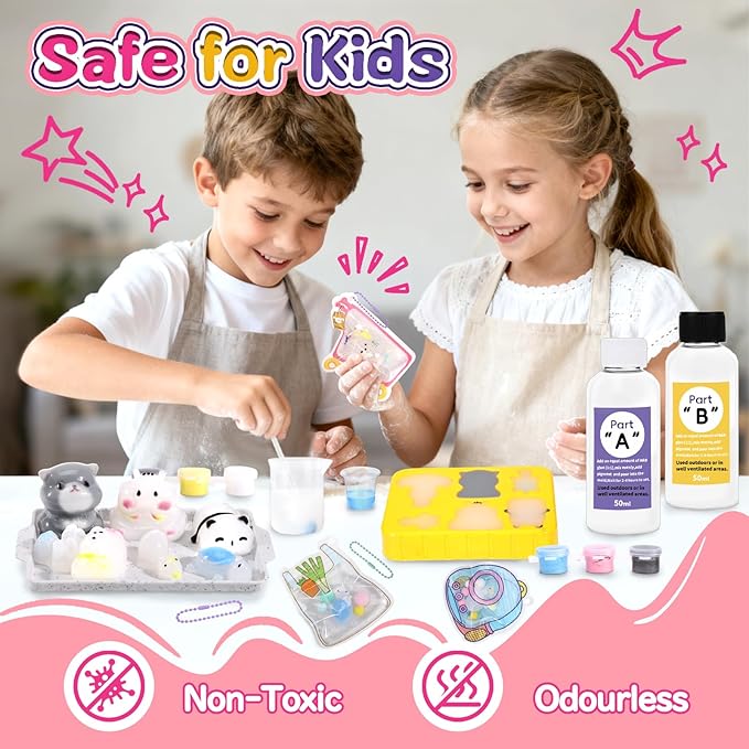 Crelloci Animal Taba Squishy Kit, 1:1 AB Liquid Silicone DIY Squishy Making Kit with 6 Animal Molds, Make Your Own Slow Rising Stress Relief Toys, Craft Kits for Kids & Adults