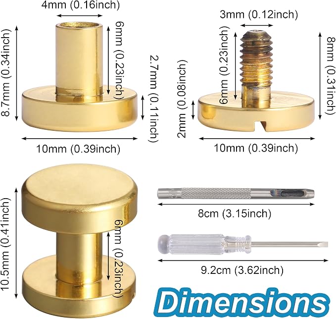 Notgia 6 Sets 10x6MM Brass Chicago Screws Rivets for Leather Binding Screws Studs Purse Hardware Spikes and Studs for Repair Decorate Clothing Shoes Belt Collar Leather Craft (Gold)
