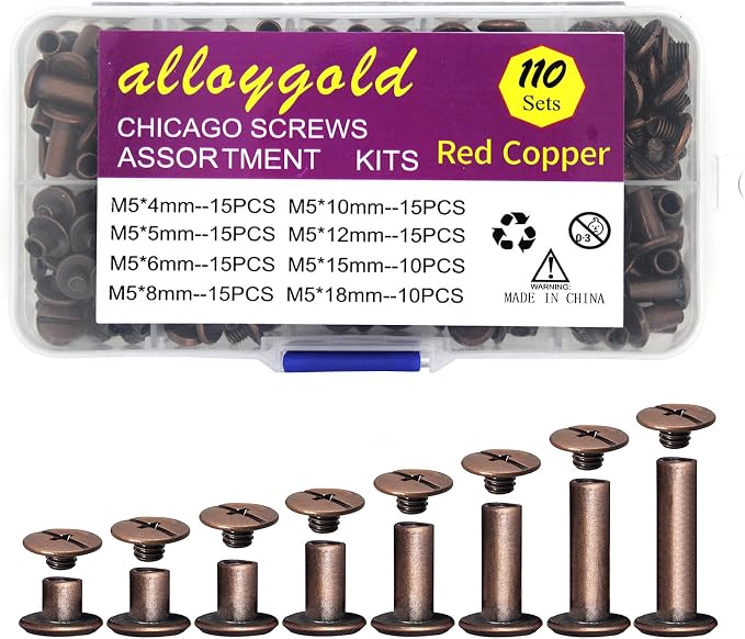 ALLOYGOLD 110 Sets Red Cooper Chicago Screws Assorted Kit 8 Sizes Leather Rivets Screw Flat Fillister Book BindingPosts Nail Rivet Chicago Bolts for DIY Leather Craft (M5 X 4,5,6,8,10,12,15,18)
