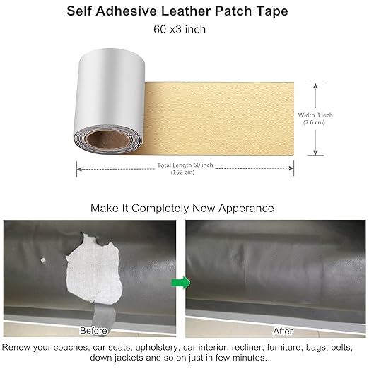 ILOFRI Self Adhesive Leather Repair Patch Tape 3x60 inch, Vinyl and Leather Repair Kit for Couches, Furniture, Car Seat, Boat Seat, Sofa, Vinyl Upholstery, Chair, Interior - Khaki