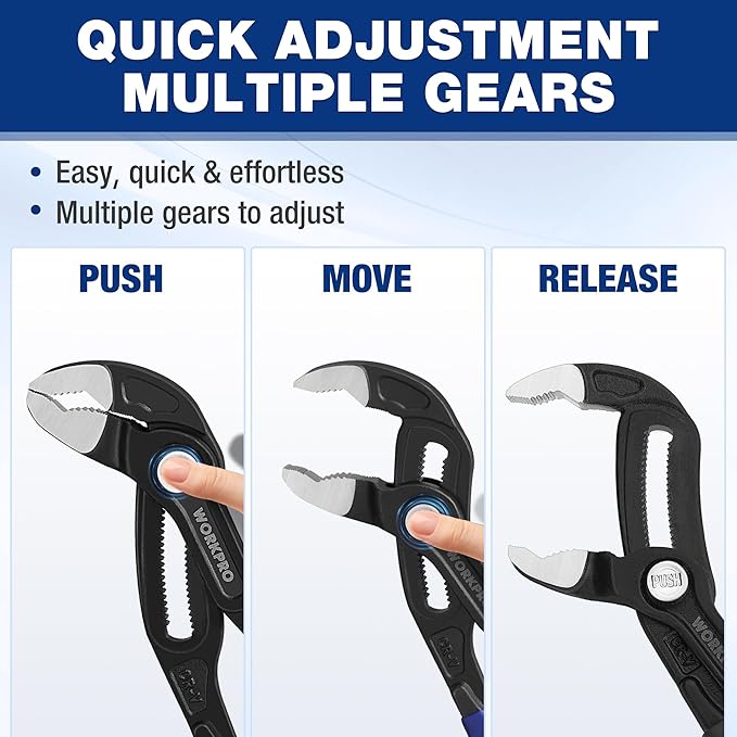 WORKPRO 7" & 10" Water Pump Pliers Set, V-Jaw Quick Adjustable Groove Joint Pliers, CR-V Tongue and Groove Pliers for Home & Industrial Repair, Push-Lock, Soft Grip, Upgraded Wide Opening
