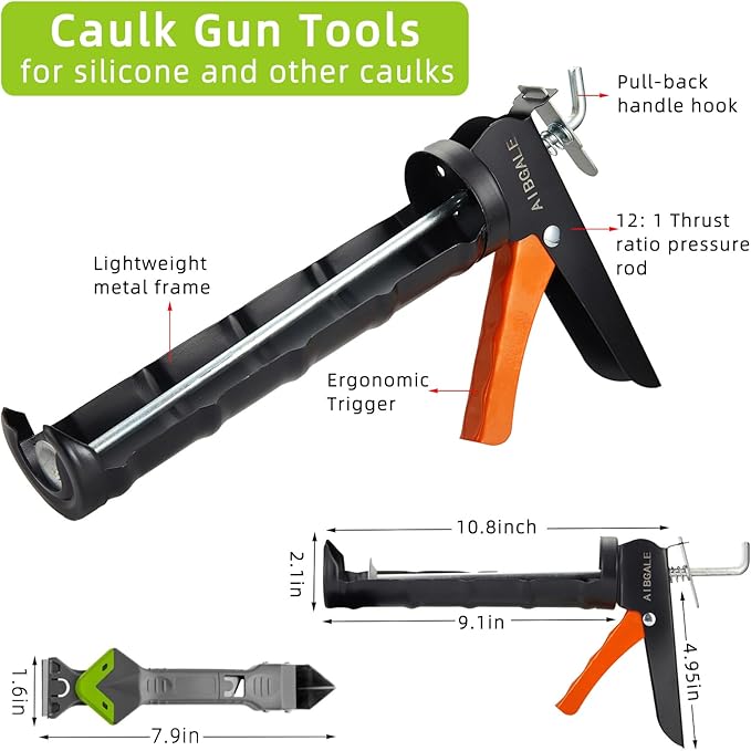 Caulking Tool Kit, Caulking Gun, 2 White/Clear Silicone Sealant with Gun - All-Purpose 100% Silicone Caulk (20 oz Tube), and 5 in 1 Scraper/Smoothing Tool, Sandpaper, Gloves and Masking Tape