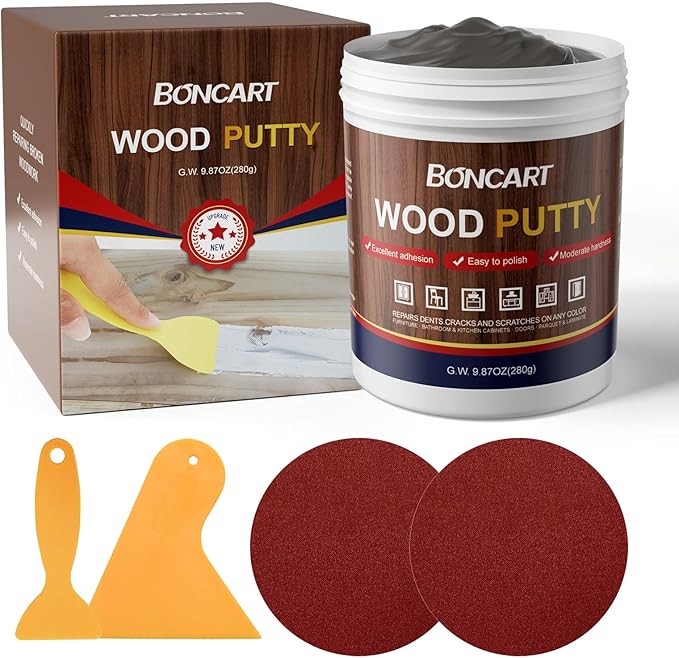 BONCART Wood Filler - Ebony, Paintable, Stainable, Sandable. Quickly Repair Holes, Cracks, Chips, Damage, and Scorched Wooden Furniture