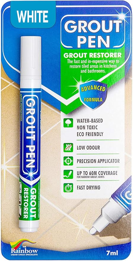Grout Pen White Tile Paint Marker: Waterproof Grout Paint, Tile Grout Colorant and Sealer Pen - White, Narrow 5mm Tip (7mL)