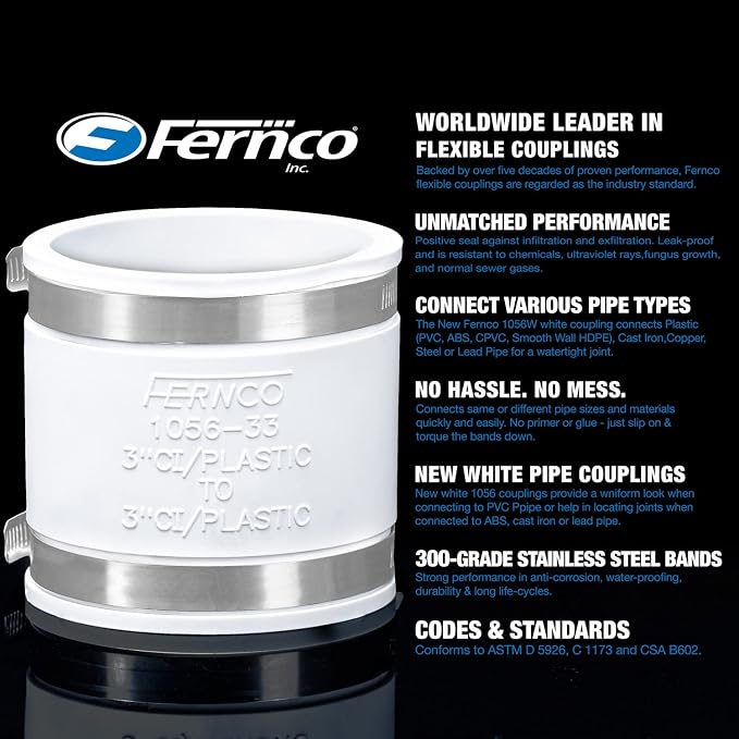 Fernco 1056-100 1-in. Flexible PVC Pipe Coupling for Plastic and Copper Plumbing Connections in White