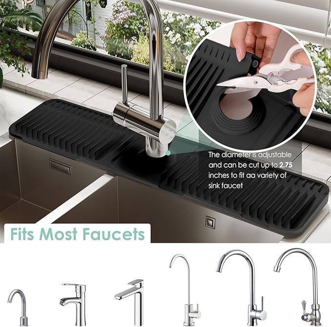 24 Inch Silicone Faucet Mat for Kitchen Sink Splash Guard - 7° Slope Water Draining Mat With Fasten Button for Bathroom Area (Black, 24''x5.5'')