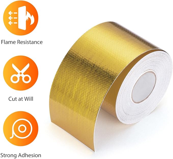 Xinhan (Gold,Silver,Black) Aluminum Foil Heat Shielding Tape High Temperature Heat Reflective Adhesive Backed Tape Compatible With Car Intake Pipe Engine Bay Hoses Wires Etc (Gold, 2in x 30ft)