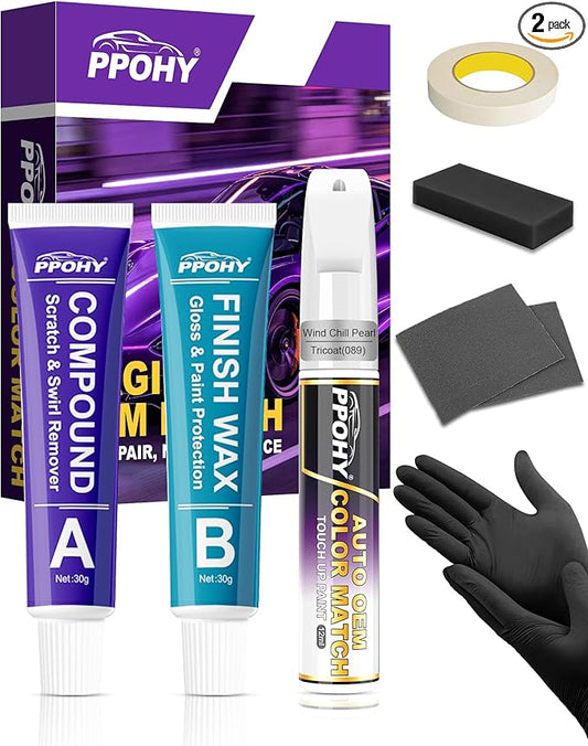 Wind Chill Pearl Tricoat(089) Touch Up Paint Pen for Toyota with A/B Wax-PPOHY OEM Exact Match,Complete Scratch Repair Kit,Quick Dry 2-In-1 Tip / Brush,Anti-Rust Waterproof Paint for Camry,Corolla,RAV4,Highlander