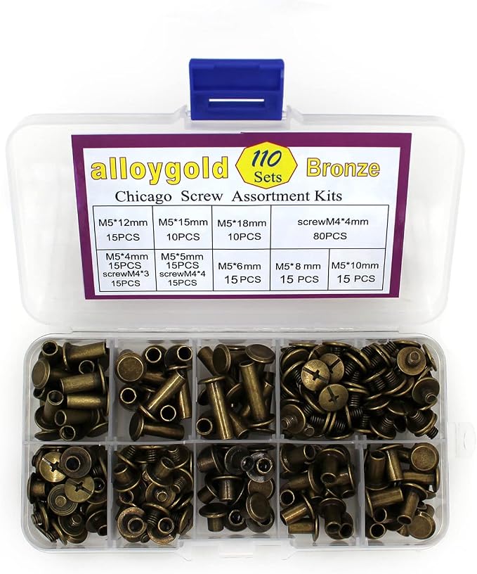 Chicago Screws Assorted Kit 110 Sets 8 Sizes of Round Head Stud Leather Screws Chicago Rivets for DIY Leather Decoration Bookbinding (M5*4,5,6,8,10,12,15,18)（Bronze）