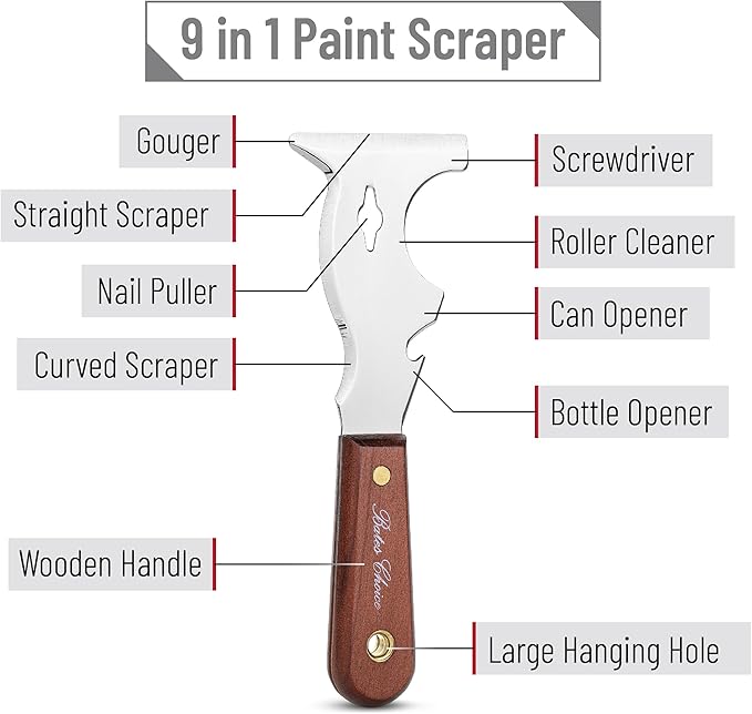 Bates- Paint Scraper, 9 in 1 Painters Tool, Mahogany Wooden Handle, Paint Scrapers for Wood, Painters Tool, Painters Knife, Paint Scraper for Painting, Putty Knife, Metal Scraper, Spackle Knife