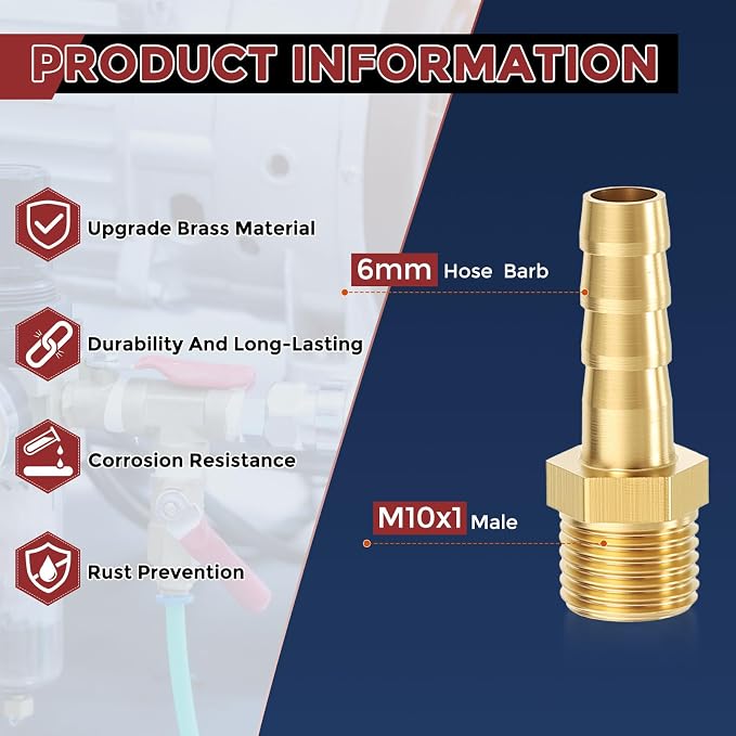Pack of 1 Brass Hose Barb Fittings Adapter Connector 6mm Hose Barb to M10x1 Male Fittings for Home Machines, Massage Bathtubs, and Irrigation Systems
