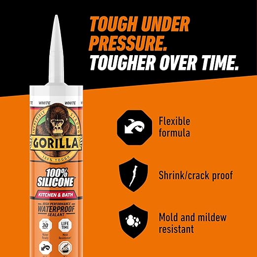 Gorilla 100% Silicone Caulk Kitchen & Bath Sealant, Mold Resistant, 10 oz. Cartridge, White