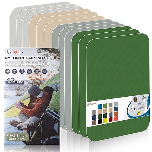 Cahomo 7.9x3.9 inch 12 PCS Nylon Repair Patch Nylon Repair Tape Self Adhesive Fabric Tapes Outdoor Camping Gear Fabric kit for Tent, Umbrella, Down Jackets, Sleeping Bag, Knapsack (Color Set D)