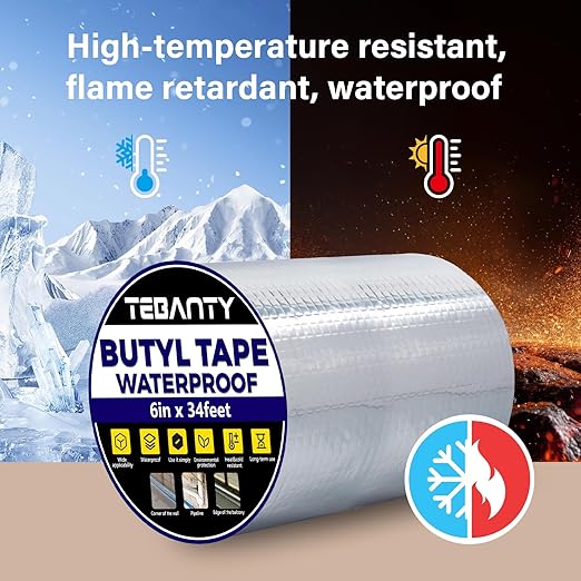 Butyl Tape Waterproof Sealing Tape 6Inch x 34Feet, Aluminum Foil Tape, Butyl Sealant Tape for Pipe Sealing, RV Repair, Window, EDPM Roof Leak Patching, Boat and Pipe Sealing
