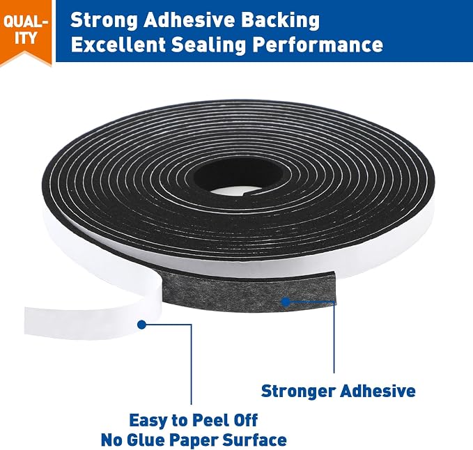 MAGZO Weather Stripping Door Seal, 1/2 in W X 1/8 in T X 99 Ft Total Adhesive Foam Insulation Tape for Windows 16.5 ft X 6 Rolls, Black
