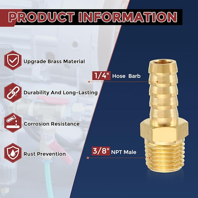 Pack of 1 Brass Hose Barb Fittings 3/8" Hose Barb to 1/4" NPT Male Fittings
