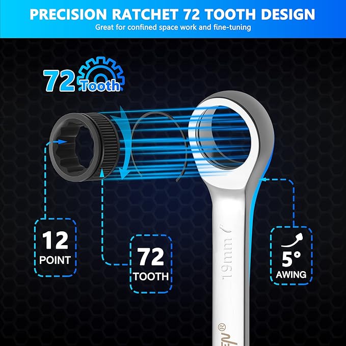 DISEN Double Box End Ratcheting Wrench Set Metric 6-Piece, 8mm-19mm, 72-Tooth Ratchet Wrench Box End with Rolling Pouch, Chrome Vanadium Steel