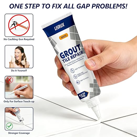 Tile Grout Repair Kit, 4 Pack Fast Drying Grout Filler for Shower, Bathroom & Kitchen, Waterproof Tile Grout Paint, Grout Sealer Restores and Renews Tile Gaps, Joints, Lines (White, 4.8oz / 136g Each)