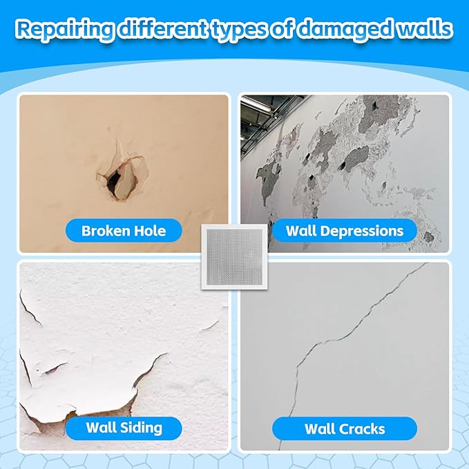 Wall Repair Patch Kit Upgraded Size, 8 Pcs 10/8 Inch Self Adhesive Pieces Aluminum Drywall Repair Kit, with Its Own Large Squeegee and Scraping, GMingZTong