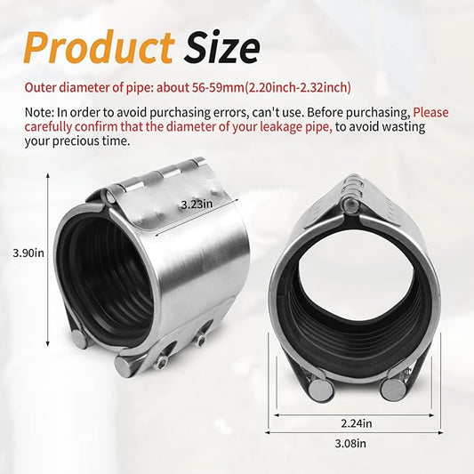 Pipe Repair Clamp Kit -2 Inch 56mm-59mm High Pressure Resistant Pipe Coupling Clamp for Plastic&Metal Pipes, Emergency Duty Leak Sealer with Stainless Steel, Quick Fix for Water/Gas/Oil Lines