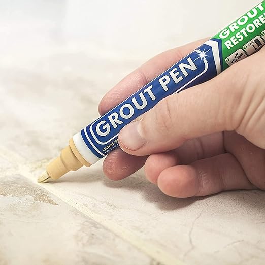 Grout Pen Cream Tile Paint Marker: Waterproof Grout Paint, Tile Grout Colorant and Sealer Pen - Cream, Narrow 5mm Tip (7mL) - 3 Pack