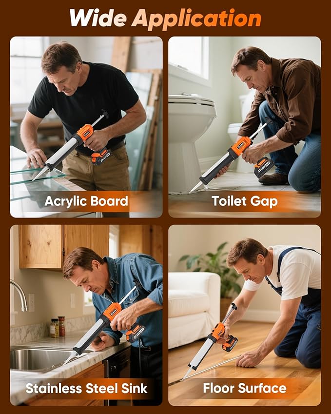 Saker Electric Caulking Gun Cordless Caulk Gun Drip-free with Caulking Tools 4 Adjustable Speeds with LED Light 10oz/300ml for Kitchen Bathroom Filling, Sealing 2 Batteries