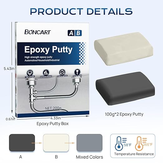 Boncart Epoxy Putty, 200g Epoxy Repair Filler, Multi-Purpose 2 Part Filler, Pool Putty, Sculpt Clay, High Strength, Waterproof, Drillable, for Filling, Bonding, Sculpting (Grey)