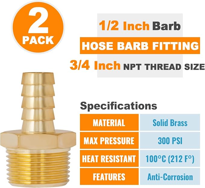 SUNGATOR Hose Barb Fittings 1/2 Inch Barb × 3/4 Inch NPT, Brass Air Hose Fittings, 1/2" to 3/4" NPT Male Air Line Repair Connector Kit, Brass Male Thread Pipe Adapter (2 Pack)