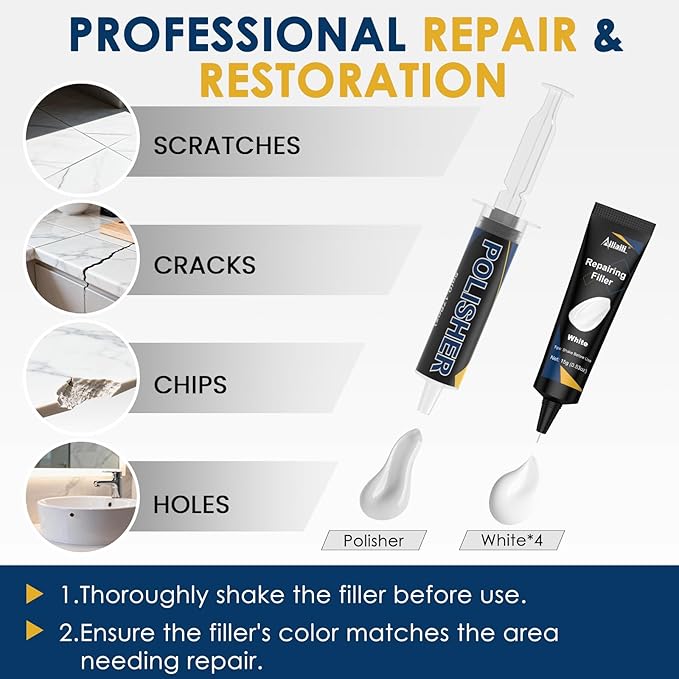 Quartz Countertop Repair Kit, Fiberglass Tub & Tile Repair Kit with 4x15g White Filler, 30s Fast Repair Chip, Hole, Scratch, Crack on Porcelain, Granite, Marble, Ceramic Tile, Bath Tub, Sink