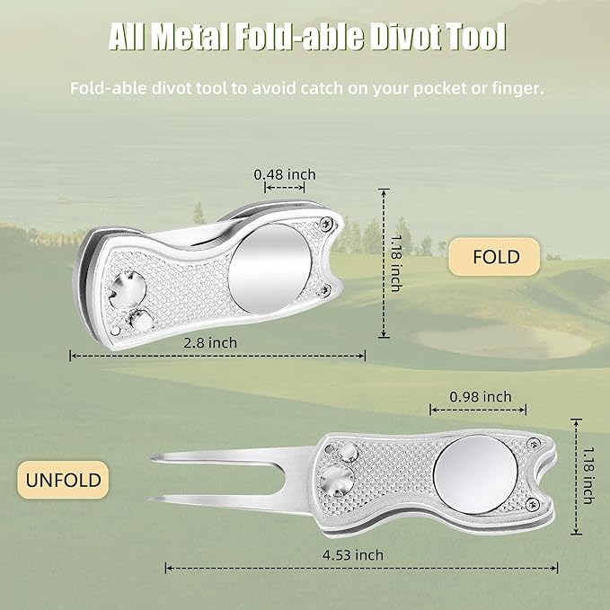 Mile High Life Golf Divot Repair Tool, All Metal Foldable Divot Tool with Pop-up Button & Magnetic Ball Marker, 2-6 Pack