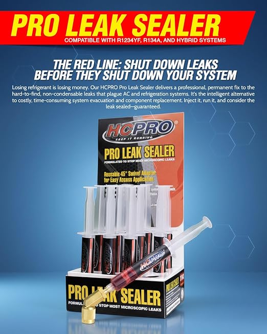 HCPRO HCLEAK12R Pro Leak Sealer with 45° Swivel Adapter for Easy Access Application 12 Applications 0.25 FL Oz. for AC, Refrigeration, and Automotive Systems Compatible with All Refrigerants.