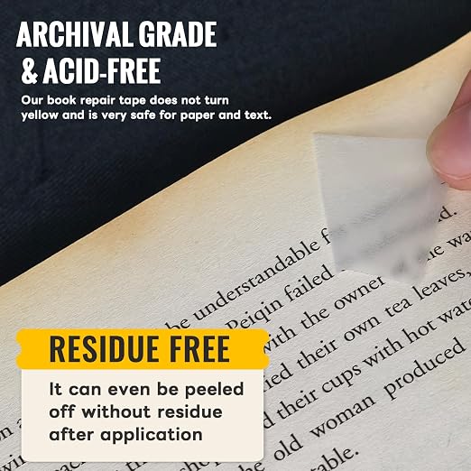 Archival Safe Acid-Free Book Repair Tape, Thin and Invisable, Waterproof | Paper Page Safe No Residue, for Library, Old Books,Broken Pages, 1260 inch Length x 1 & 2 inch