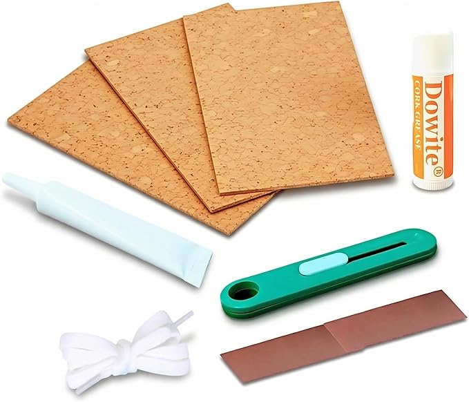 Clarinet Cork Replacement Kit with Adhesive & Grease, All-in-One Woodwind Instrument Neck Joint Repair Set, 3 Natural Corks (37x90mm), Knife, Sandpaper & Rope for Beginners
