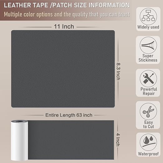 Self Adhesive Leather Repair Patch Kit, 4" x 63" Large Vinyl Leather Repair Tape for Furniture, Car Seat, Couch, Sofa, Chair Dark Grey