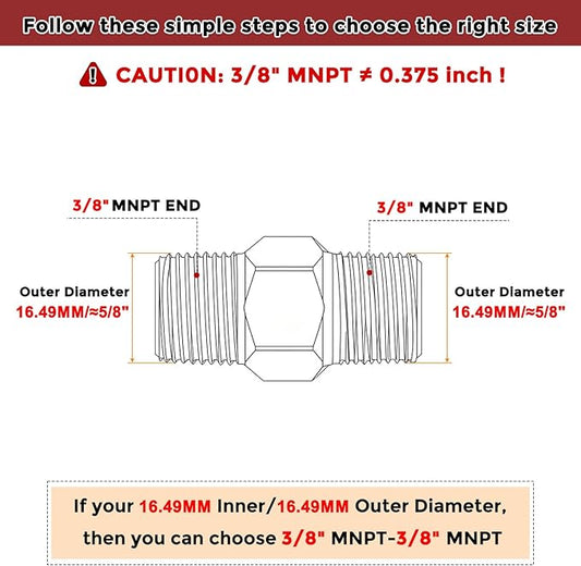 Pack of 2, 3/8" NPT Male to 3/8" NPT Male Solid Brass Hex Nipple Hose Connectors, Male Pipe Adapter for Pipe Leak Repair, Bathroom Remodeling, Tool Extensions, Compression