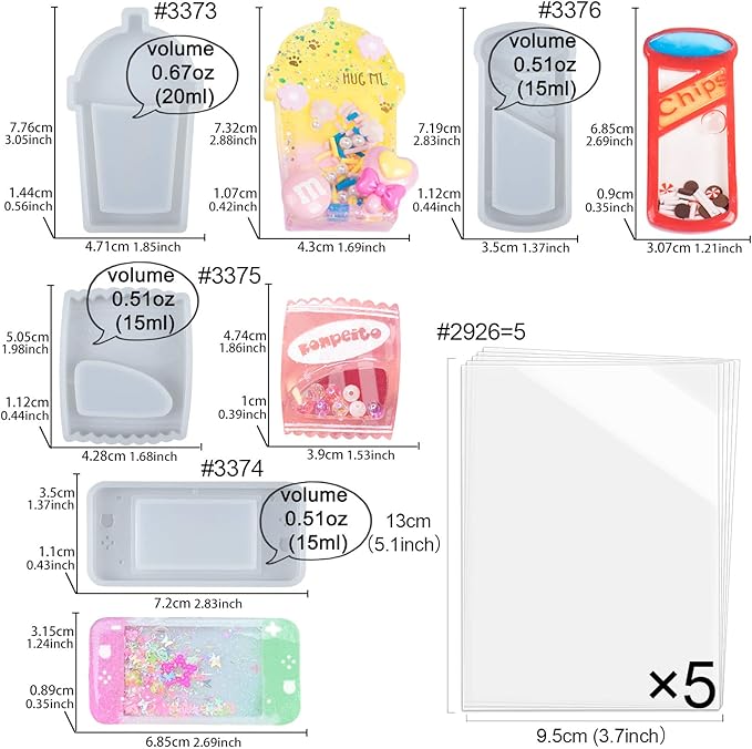 Resin Shaker Molds Set Charms Pendant Jewelry Making Supplies, Drinking Cup, Handheld Game, Chips, Candy 4 Silicone Trays with 5 Seal Films Larger 3inch