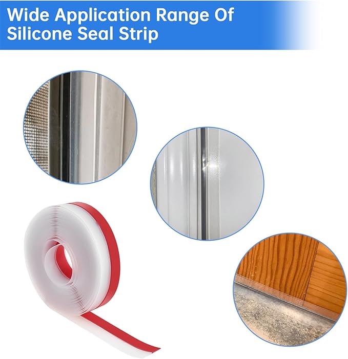 25mm Transparent Silicone Weather Stripping, 5M/16.4FT Upgraded Strong Adhesive Door Seal Strip for Doors, Windows & Shower Glass Gaps, Waterproof & Soundproof Red Backing Tape (Red, 25MM)