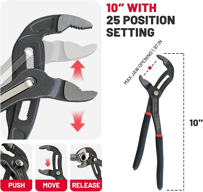 BLACK CANYON 10" Tongue and Groove Pliers, V-Jaw Groove Joint Plier with 25 Adjustable Positions, Heavy Duty 50 Cr-V Steel, Non-Slip Ergonomic Handle for Plumbing, Nuts, Bolts & Automotive Repair