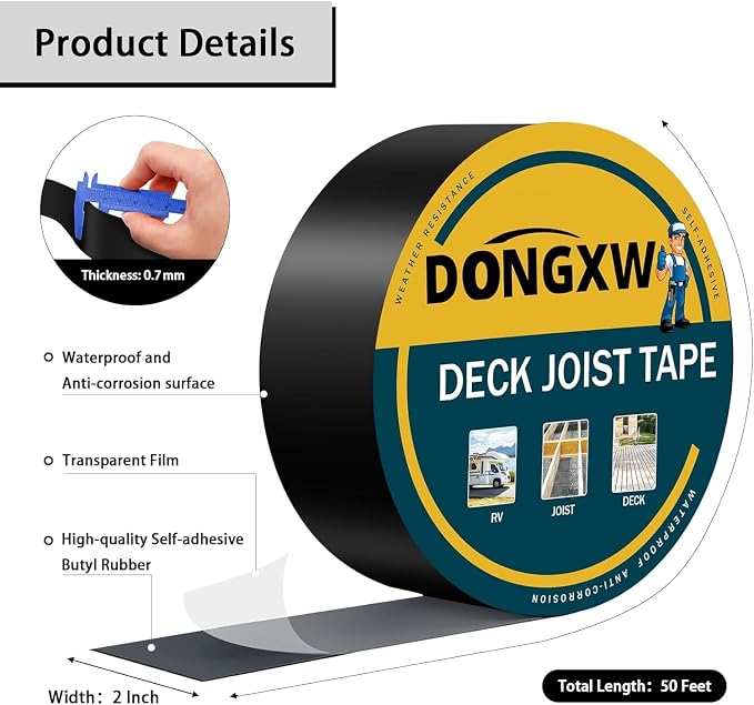 Dongxw Butyl JoistTape 2" X 50', 2 Rolls Joist Tape for Decking 2Inch, Waterproof Deck Joist Flashing Tape Protect Wooden Deck Beams