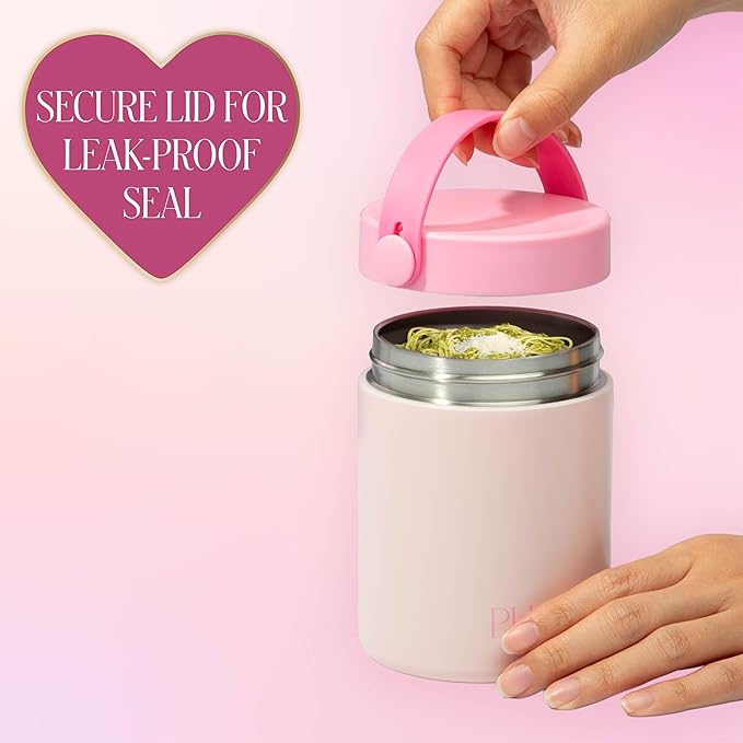 Paris Hilton Insulated Food Jar, Stainless Steel Vacuum Insulated Food Container with Folding Carry Handle, Leak-Proof Lid, 15-Ounce, Pink