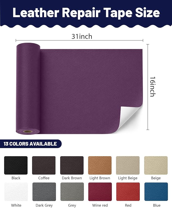BOUYEER Leather Repair Patch Tape Kit,Self Adhesive Leather Repair for Sofa，Car Seat,Office Chair,Furniture,Jacket,Waterproof Strong Adhesive Vinyl Repair Kit. 16 in x 31 in,Purple