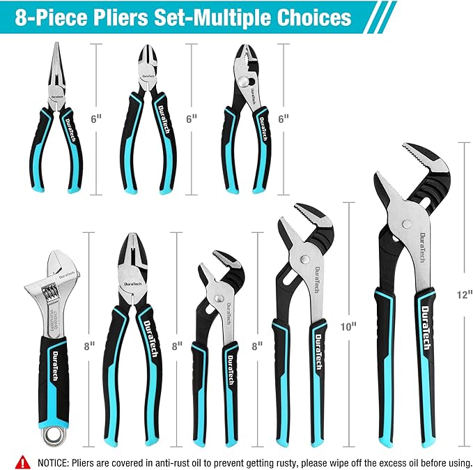 DURATECH 8-Piece Pliers Set with Rolling Pouch, Premium Cr-V/Cr-Ni Construction, (12", 10", 8" Groove Joint Pliers, 8" Adjustable Wrench, 8" Linesman, 6" Long Needle Nose, 6" Slip Joint, 6" Diagonal)