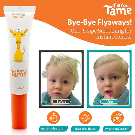 T is for Tame - Hair Taming Cream Wand for Flyaways, Frizz - Natural & Vegan Kids Hair Care Styling Wand - Slick Back Smoothing Hair Stick for Baby & Toddler - Anti-Frizz - 0.5 fl oz
