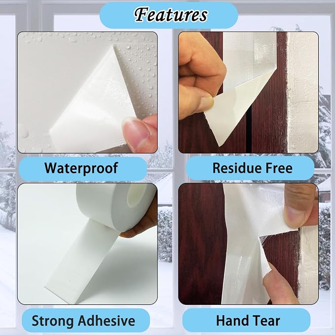 Window Weather Sealing Tape, White Window Draft Isolation Film Tape, Waterproof AC Insulation Air Conditioner Sealing Tape to Keep Out Cold Air, Dust, Rain, 2IN X 99FT, No Residue