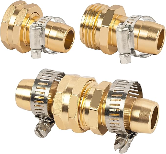 LIULO TOOL Garden Hose Repair Connector with Clamps, Fit for 3/4" or 5/8" Aluminum Garden Hose Fitting, Male and Female Hose Fittings, 3 Sets