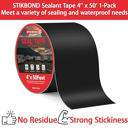 4" x 50Ft 1-Pack Black RV Sealant Tape,Waterproof Commercial Roof Tape for Walls, Appliances, Vehicle Repairs, and Weatherproof