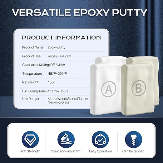 Boncart Epoxy Putty, Multi-Purpose 2-Part Epoxy Filler, Fast Repair Metal AB Putty, High Strength, Strong Adhesion, Compatible with Metal, Plastic, Ceramic, Stone and Wood (400g, White)
