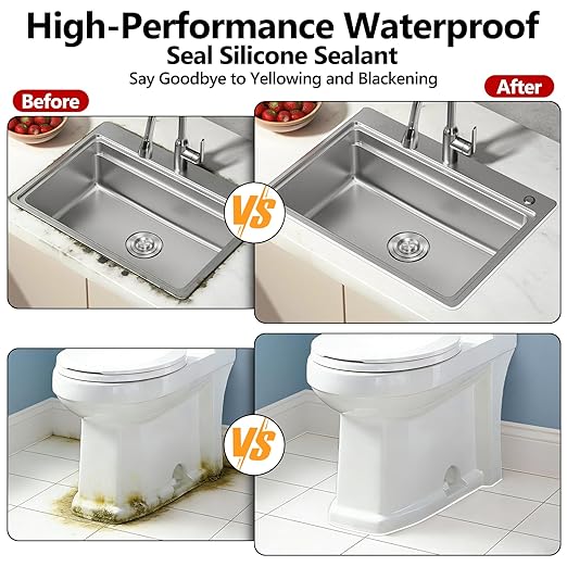 LISRUX Supreme Silicone Caulk for Kitchen & Bathroom, White, 10 fl oz Cartridge, 4 Pack - 100% Waterproof Silicone Sealant, Stronger Adhesion, Shrink & Crack Proof